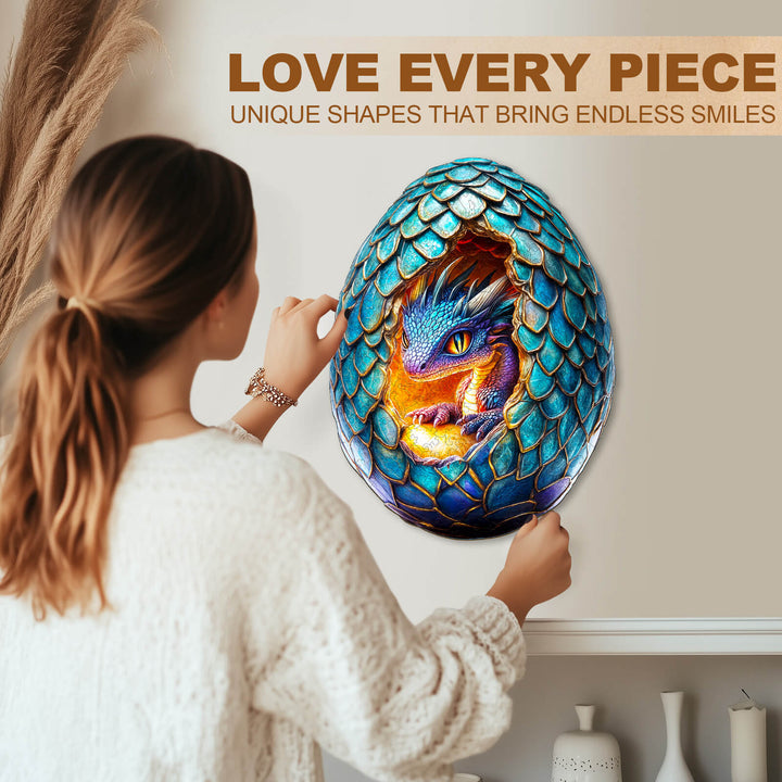 Woman admiring the Draconic Rebirth-3 wooden jigsaw puzzle featuring a vibrant dragon design.