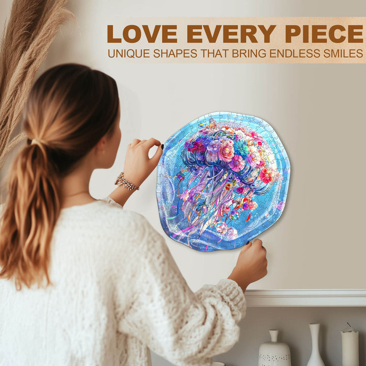 Woman holding a Flower Jellyfish wooden jigsaw puzzle, showcasing vibrant colors and unique shapes for mindfulness.