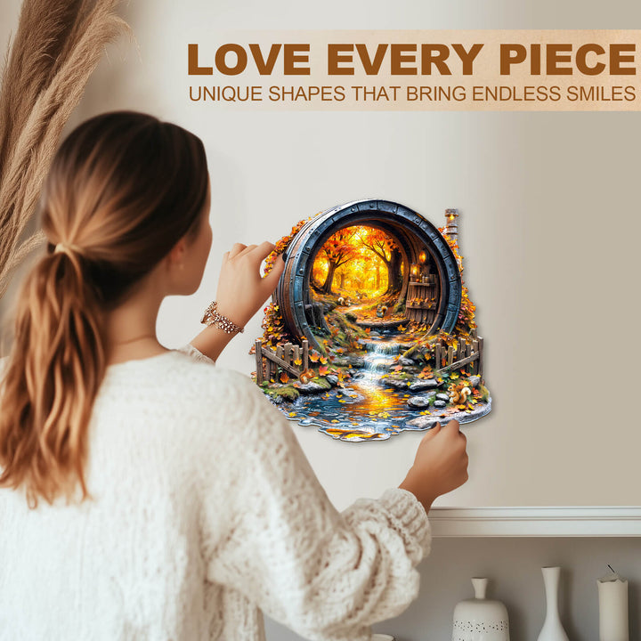 Person enjoying the Barrel of Autumn wooden jigsaw puzzle, surrounded by unique pieces that spark joy and creativity.
