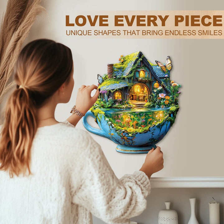 Enchanting green Field mug jigsaw puzzle, featuring a cozy cottage and floral designs, perfect for puzzle lovers.