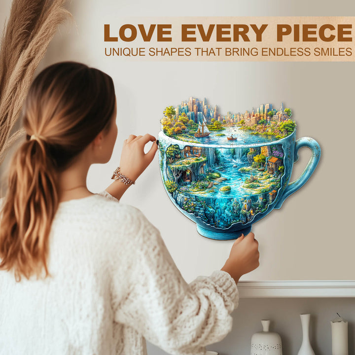 Woman exploring the Urban Forest Cup wooden jigsaw puzzle showcasing unique shapes and vibrant colors.