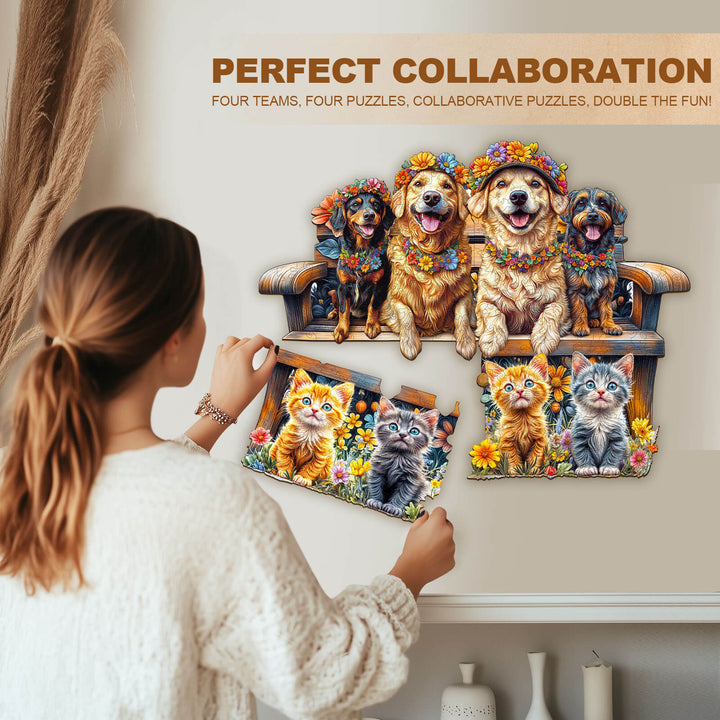 A woman assembling the Party Puzzle-Pets on the Bench, featuring playful dogs and cats surrounded by flowers.