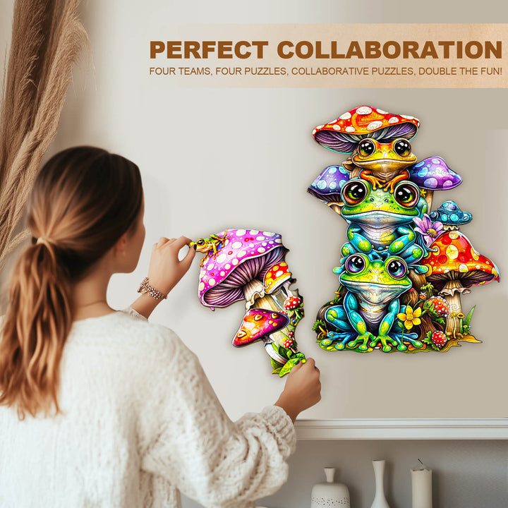 A person assembling the Frog Family puzzle with colorful mushrooms on the wall, showcasing teamwork and fun.