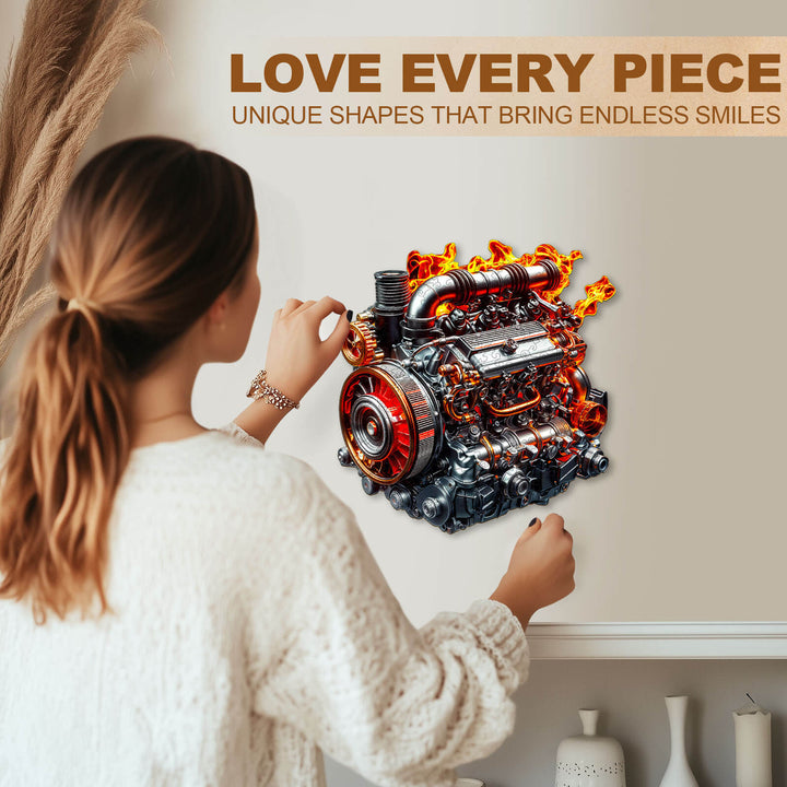 Woman assembling Ironclad Dynamo wooden jigsaw puzzle featuring a vibrant engine design for focused fun.
