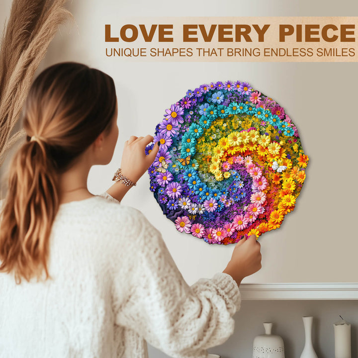Woman assembling the Sea of Flowers wooden jigsaw puzzle, showcasing vivid colors and unique shapes for endless fun.