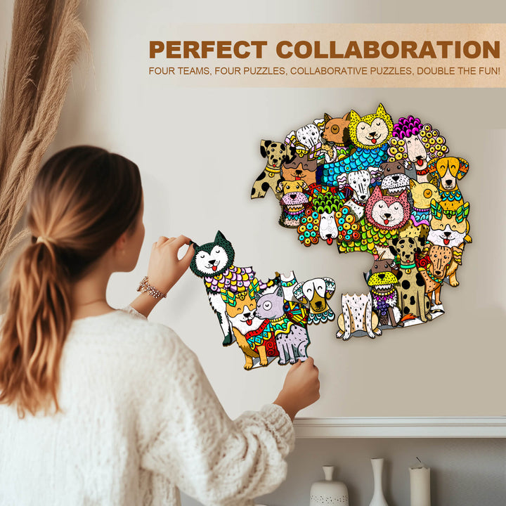 A person assembling a colorful dog-themed puzzle, showcasing teamwork and collaboration in jigsaw puzzles.