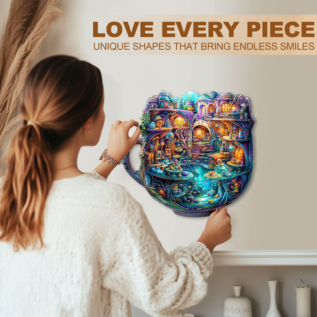 Woman admiring an Enchanted Teapot wooden jigsaw puzzle, showcasing unique shapes that spark joy and focus.