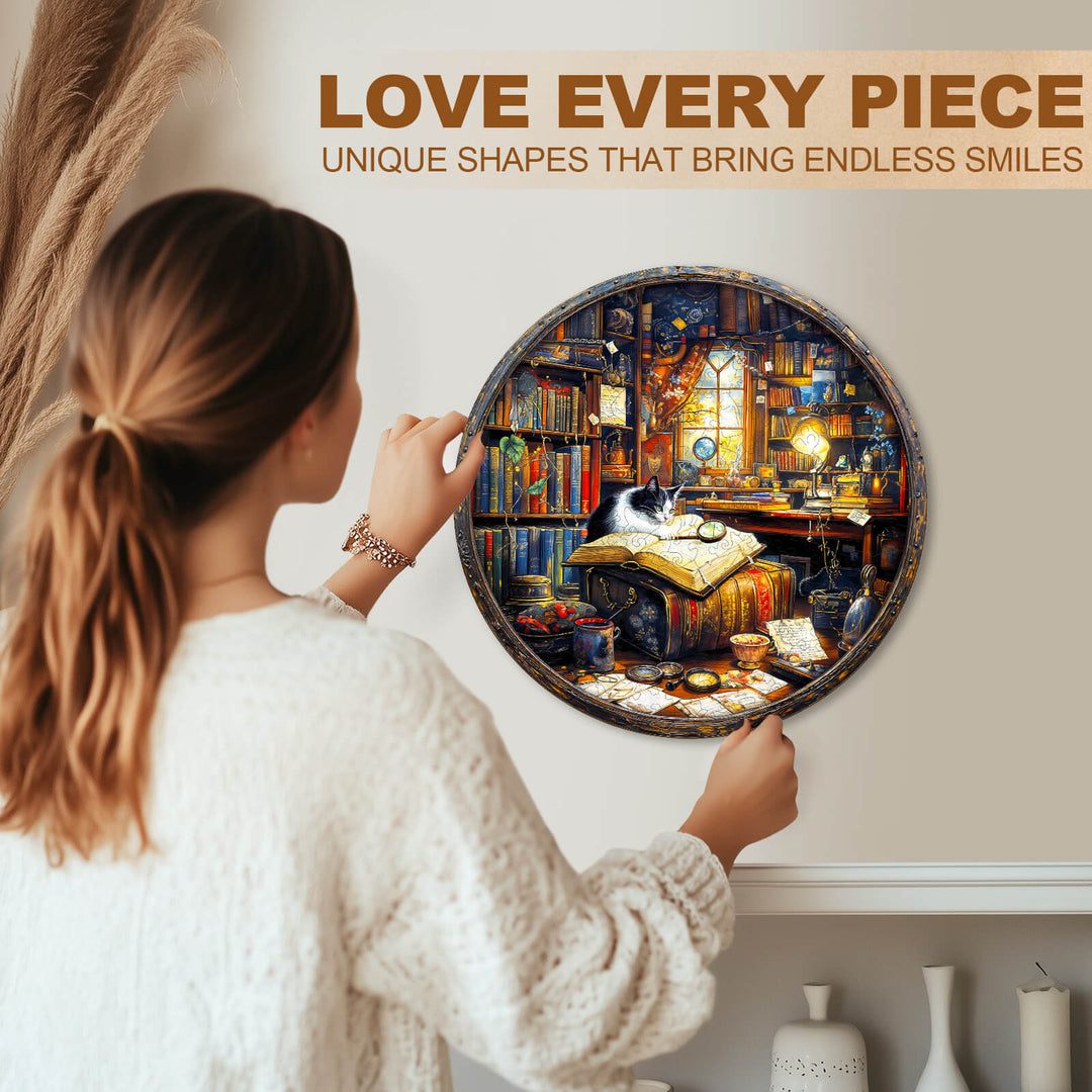 Person assembling the Whiskers Library-1 wooden jigsaw puzzle in a cozy library setting with vibrant colors.