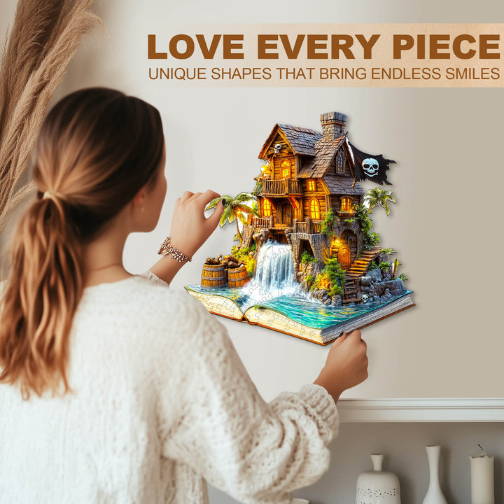Person assembling a Pirate cabin-1 wooden jigsaw puzzle, showcasing unique shapes for fun and focus.