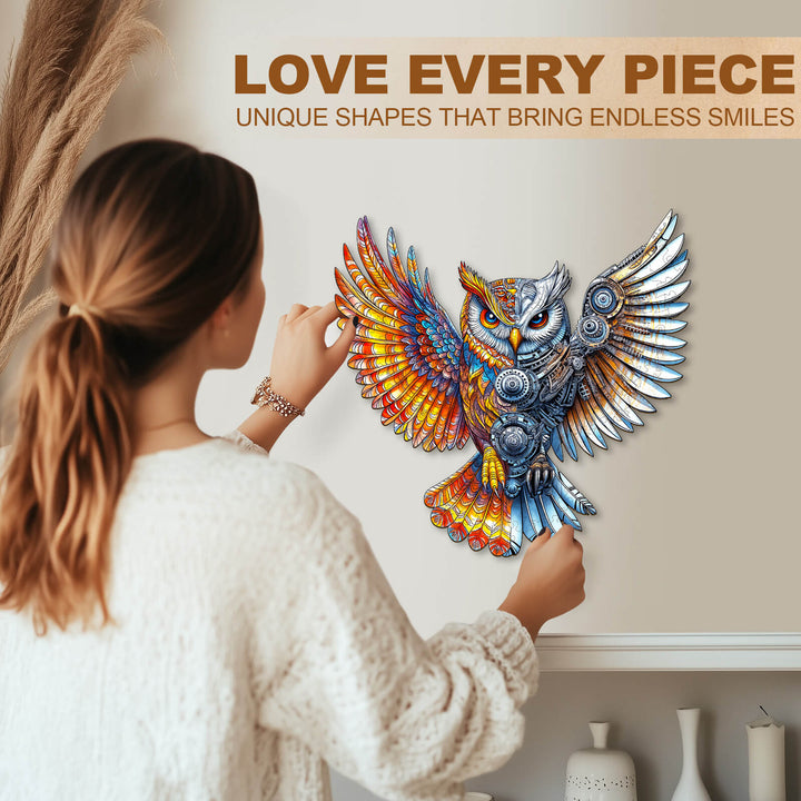 Woman assembling a vibrant Yin-Yang MechaOwl jigsaw puzzle, showcasing unique shapes and intricate design.