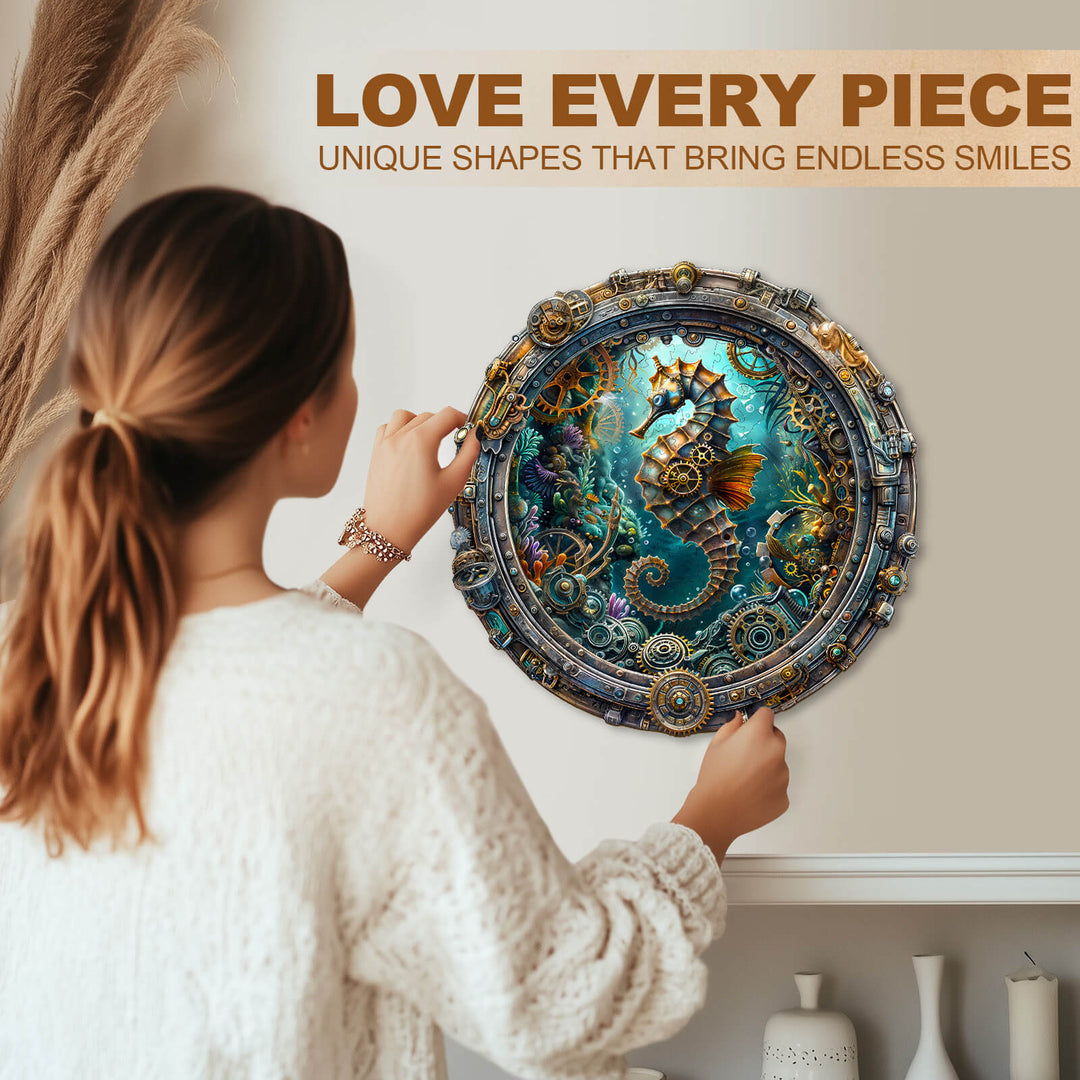Woman assembling the Abyssal seahorse wooden jigsaw puzzle, showcasing unique shapes and vibrant colors.