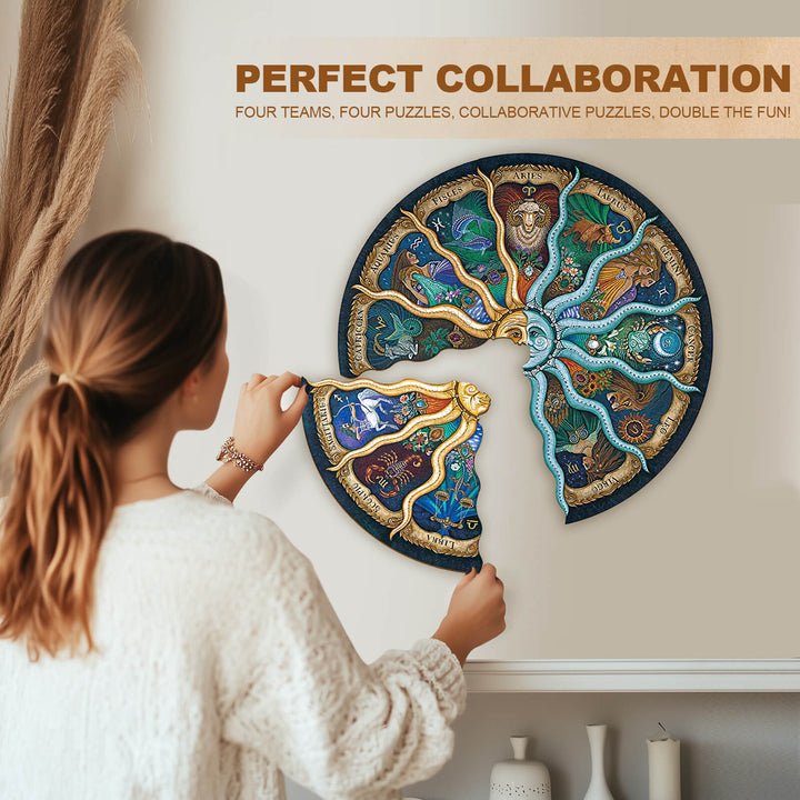 A person collaborating to complete a circular Zodiac horoscope puzzle, showcasing teamwork and fun in puzzle-solving.