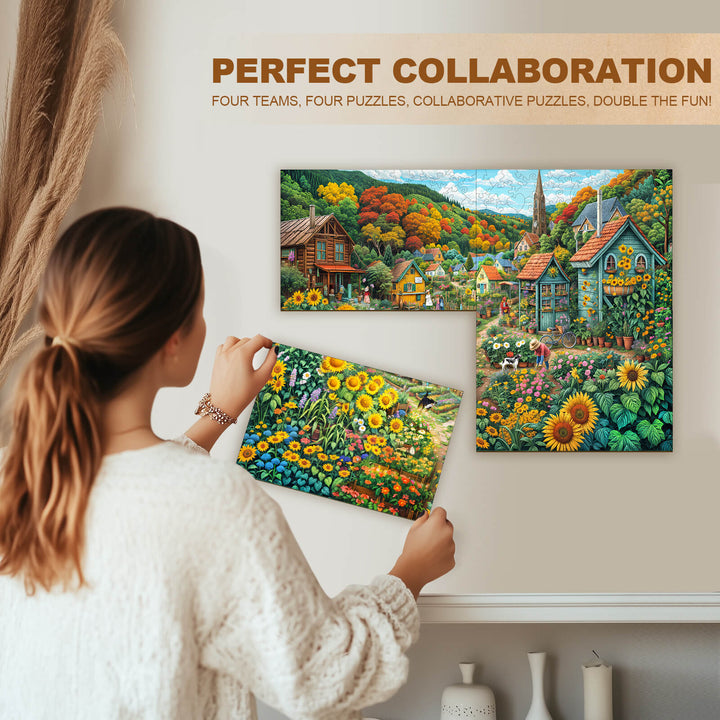 Woman solving collaborative puzzles with colorful landscapes, showcasing teamwork and fun in puzzle solving.