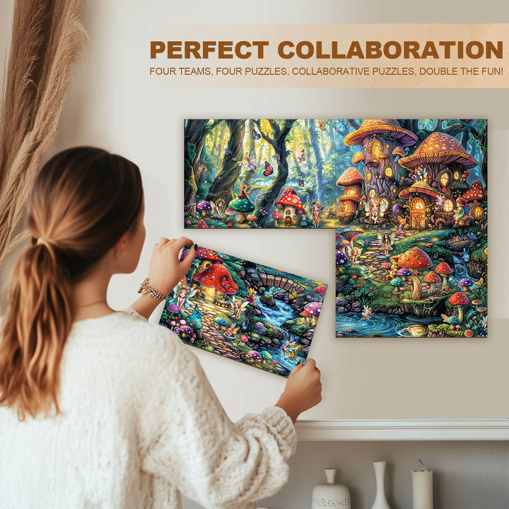 A person engaging with three whimsical Fairy Village puzzles on display, promoting collaboration and creativity in puzzle solving.