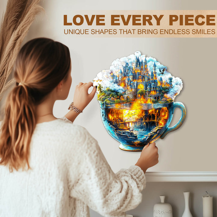 Woman putting together the Magic cup-1 wooden jigsaw puzzle, featuring unique shapes and vibrant colors.
