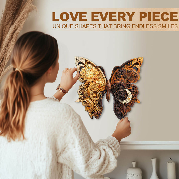 Woman assembling a beautiful yin yang butterfly wooden jigsaw puzzle, showcasing unique shapes for endless fun.