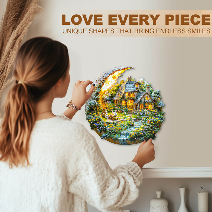 Woman assembling the Moonlight Garden-2 Wooden Jigsaw Puzzle, showcasing unique shapes and vibrant colors.