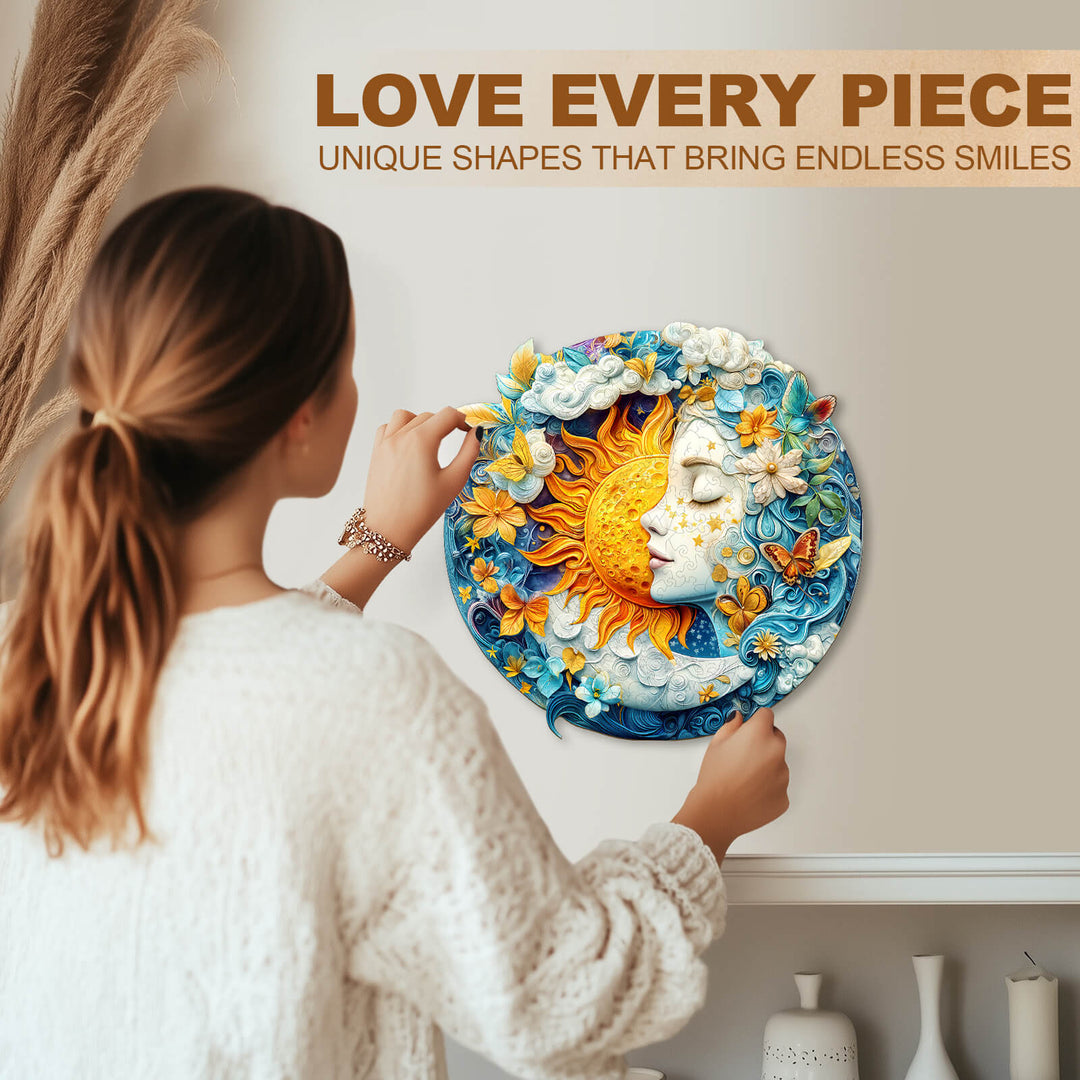 Moon sun and girl Wooden Jigsaw Puzzle