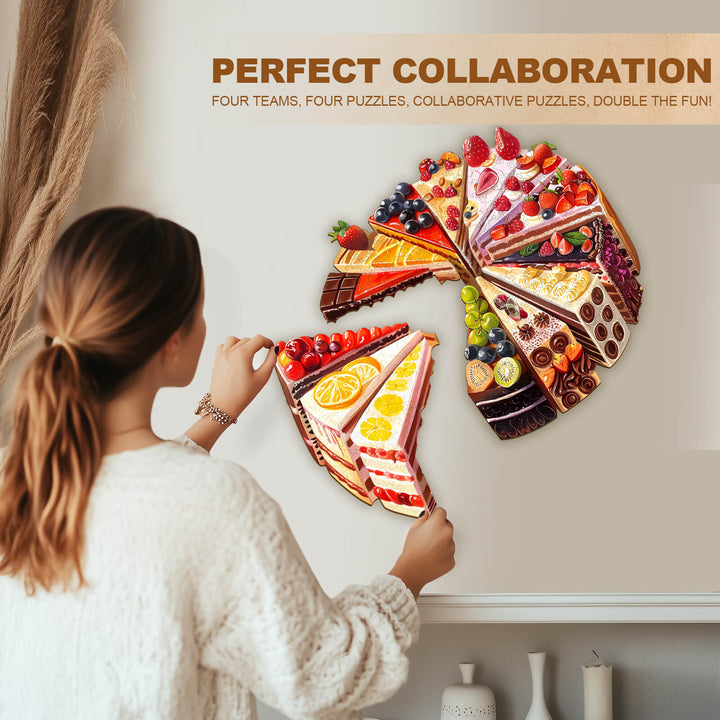 Woman assembling a delicious cake puzzle in a collaborative setting, showcasing vibrant cake slices for fun mind games.