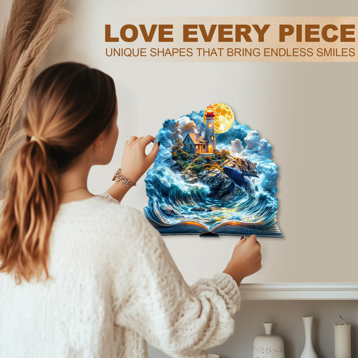 A woman enjoying the Dream Sea Wonder wooden jigsaw puzzle, featuring vibrant ocean waves and a lighthouse, adding joy to her space.