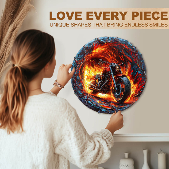 Woman engaged in assembling Fiery Escape jigsaw puzzle featuring a motorcycle in flames, promoting fun and focus.