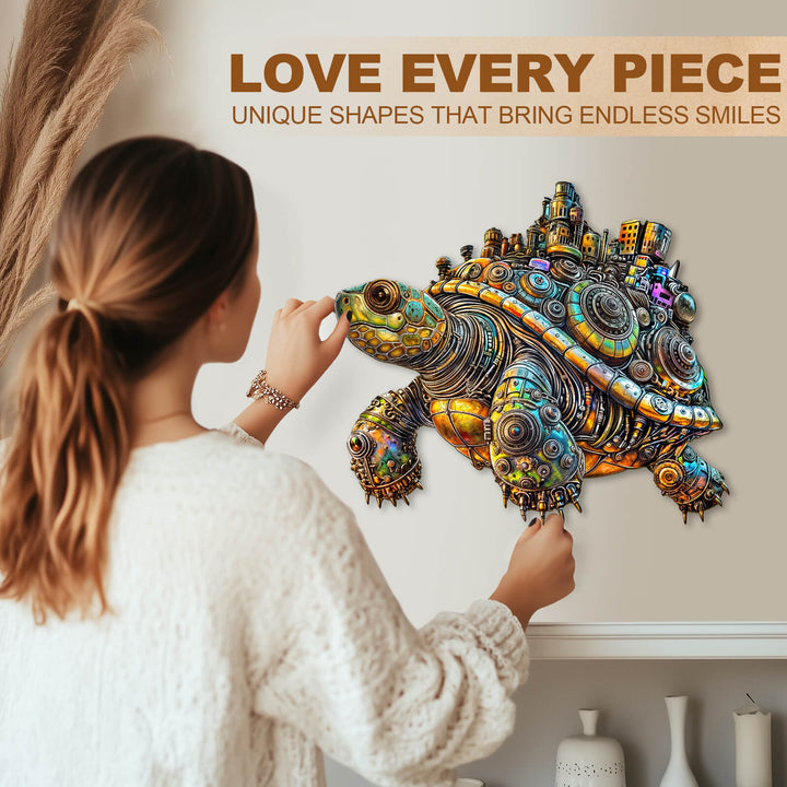 Woman assembling a colorful Metallic Beast turtle jigsaw puzzle, showcasing its unique shapes and intricate design.