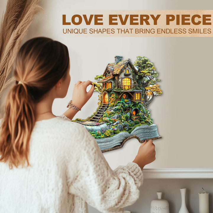 Woman assembling the Treehouse Dream wooden jigsaw puzzle, showcasing unique shapes and creativity in puzzle-solving.