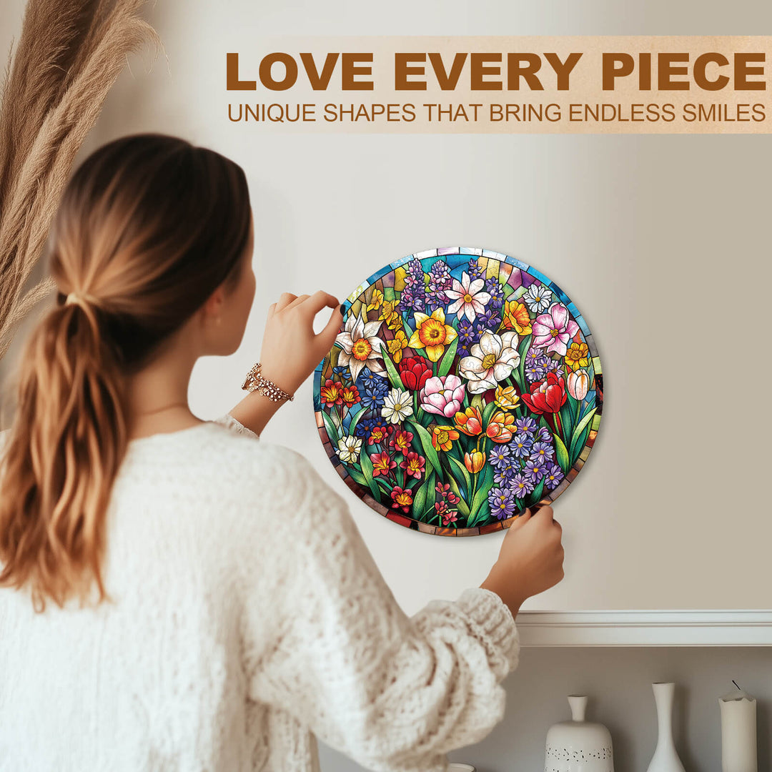 Stained Glass Flowers Wooden Jigsaw Puzzle