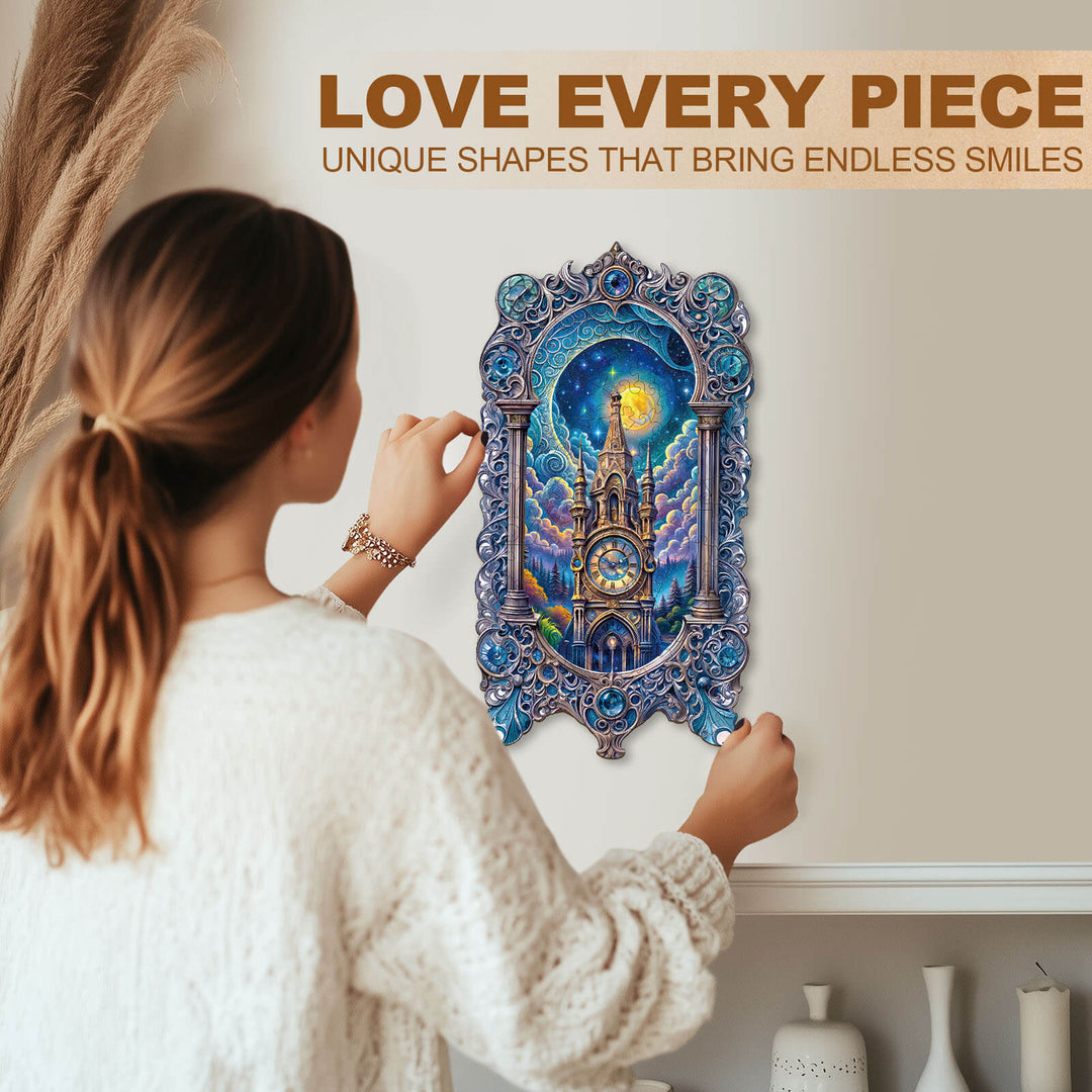 Woman assembling Moonlit clock tower wooden jigsaw puzzle, showcasing unique shapes and vibrant colors.