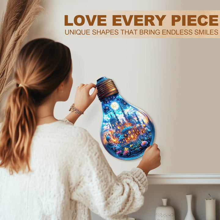 A woman admiring the unique Moonlit Realm Wooden Jigsaw Puzzle shaped like a light bulb, showcasing scenic artwork.