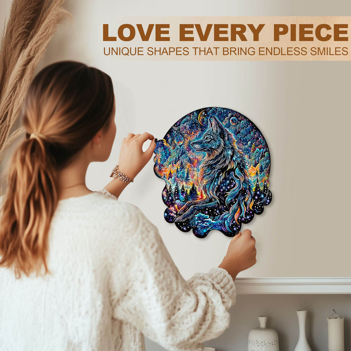 Woman assembling the Nebula Wolf wooden jigsaw puzzle featuring unique shapes and vibrant colors, promoting focus and fun.