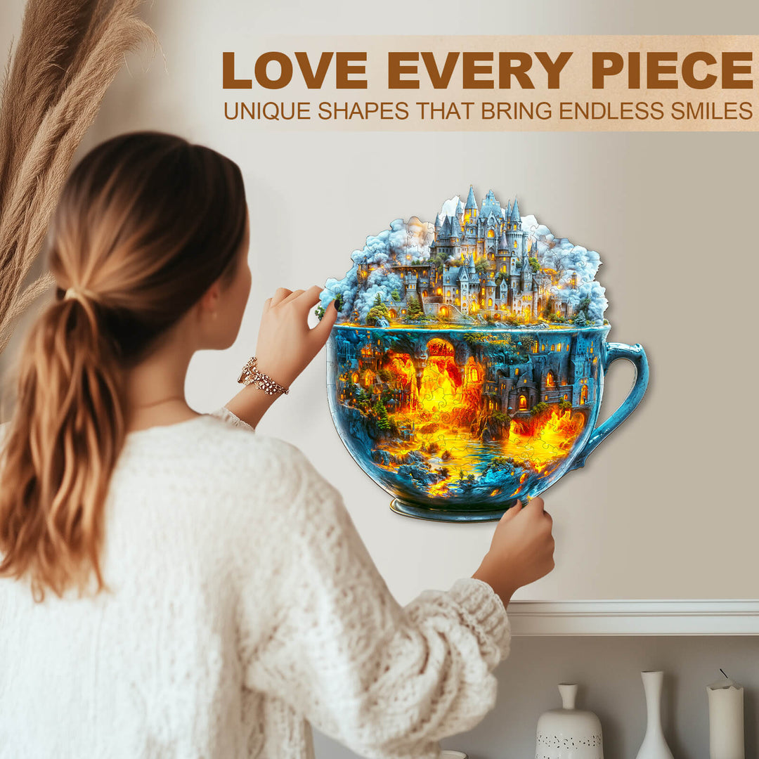 Woman assembling a colorful wooden jigsaw puzzle of a magical cup with unique shapes, enhancing focus and creativity.