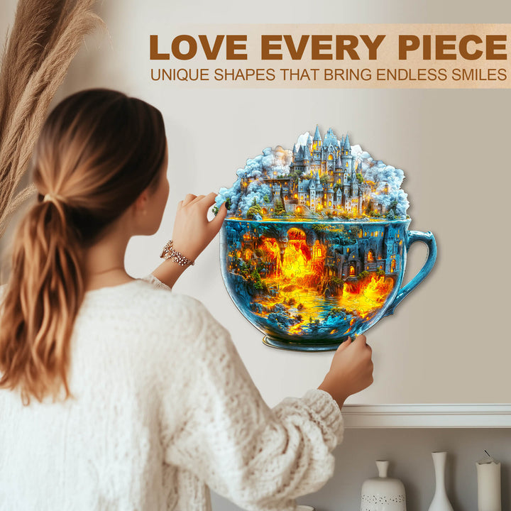 Woman assembling a colorful wooden jigsaw puzzle of a magical cup with unique shapes, enhancing focus and creativity.