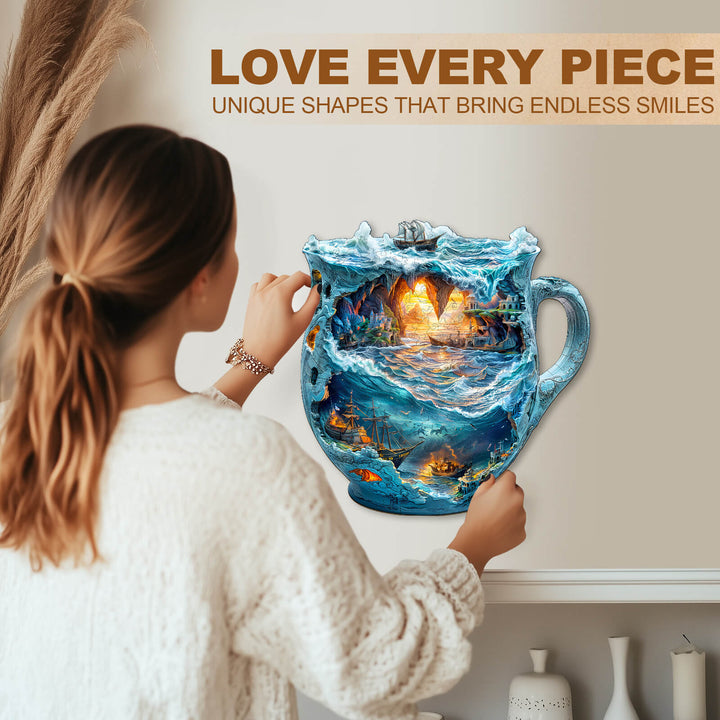 A person assembling a Sea navigation mug wooden jigsaw puzzle, showcasing unique shapes and vibrant colors.