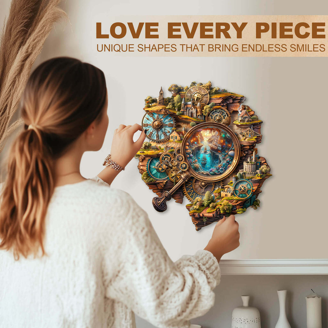 Woman assembling Explorer's World-2 wooden jigsaw puzzle, showcasing unique shapes and vibrant designs.