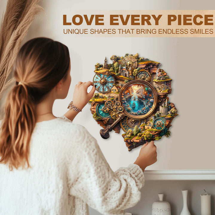 Woman assembling Explorer's World-2 wooden jigsaw puzzle, showcasing unique shapes and vibrant designs.