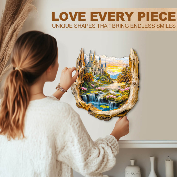 Person holding an Enchanted Frame-1 wooden jigsaw puzzle of a scenic landscape, promoting focus and mental engagement.
