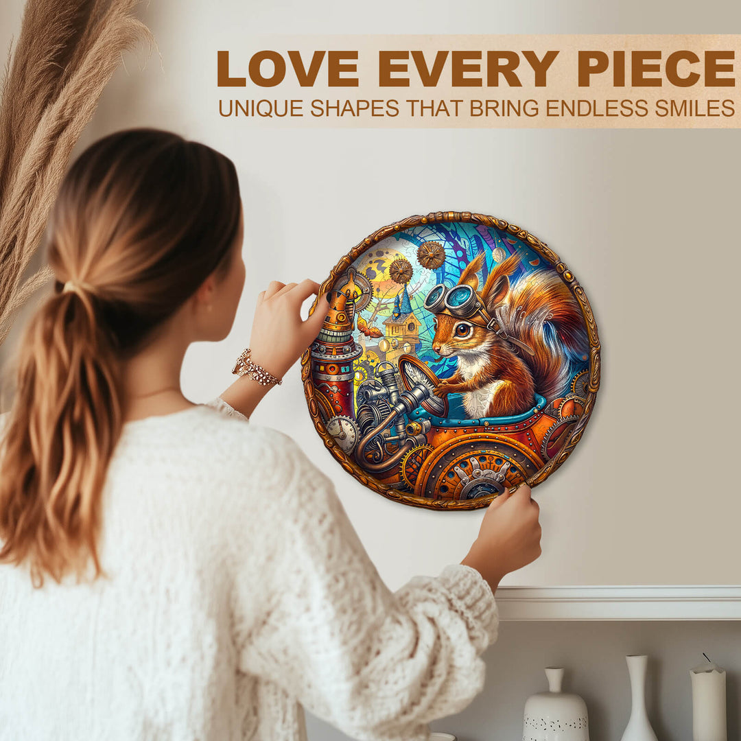 Person enjoying the Happy Squirrel Wooden Jigsaw Puzzle with vibrant colors and unique shapes for endless fun.