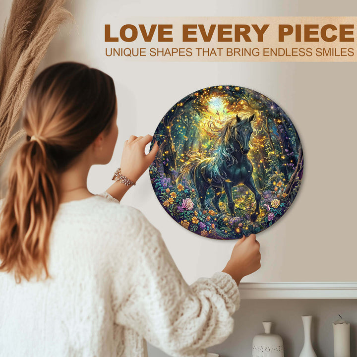 Forest Horse wooden jigsaw puzzle displayed on a wall, showcasing unique shapes and vibrant colors.