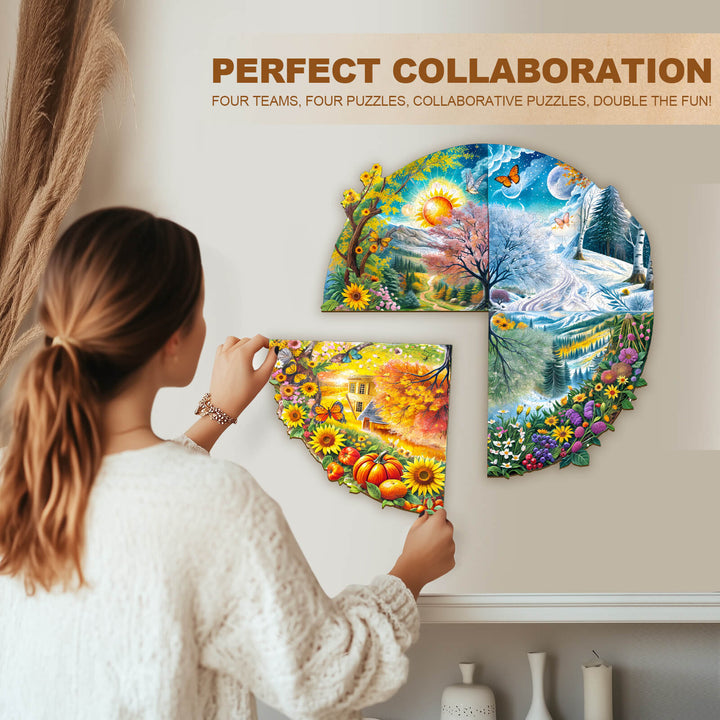 A woman assembling the Four Seasons puzzle with vibrant seasonal imagery, promoting collaboration and cognitive engagement.