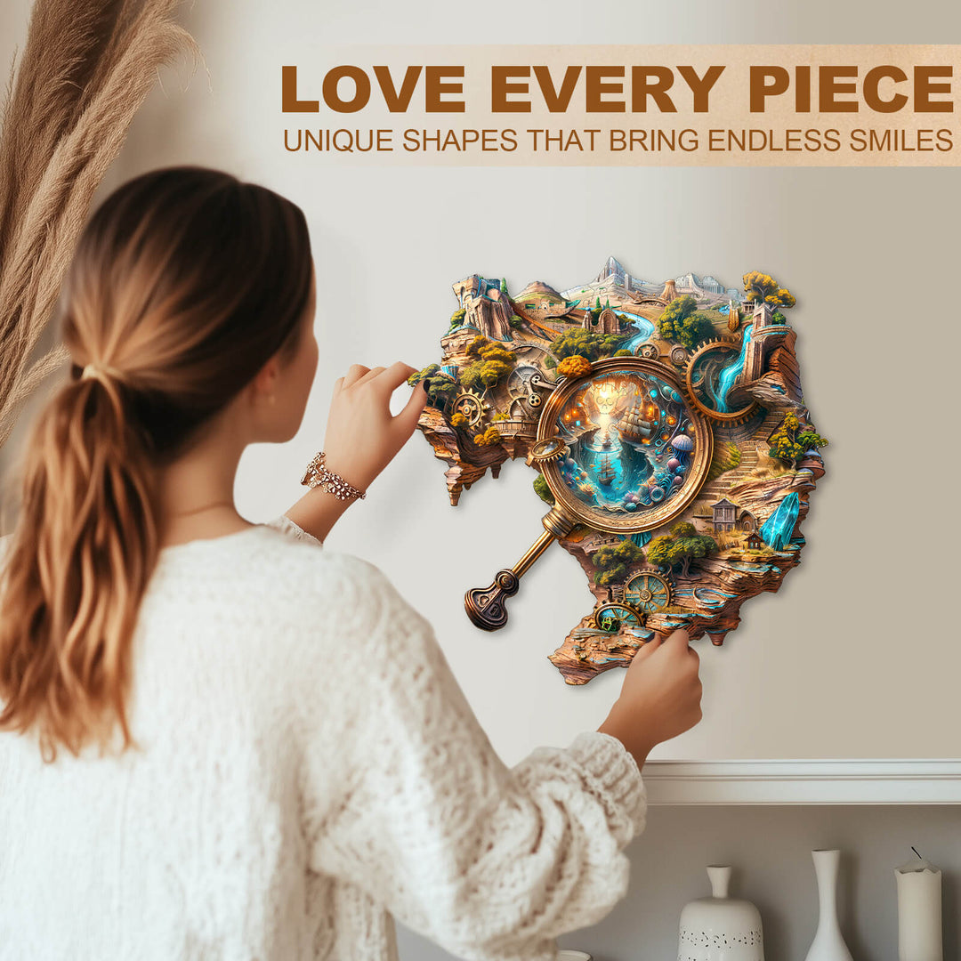 Woman enjoying the Explorer's World-1 wooden jigsaw puzzle, showcasing unique pieces for endless smiles.