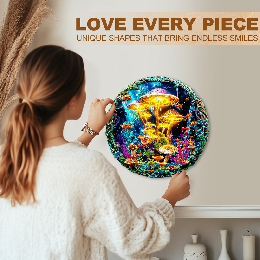 fluorescent mushrooms Wooden Jigsaw Puzzle