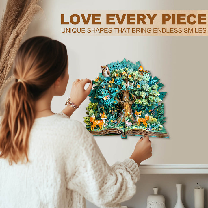 Woman assembling 3D Forest Tales wooden jigsaw puzzle featuring colorful forest animals and unique shapes.
