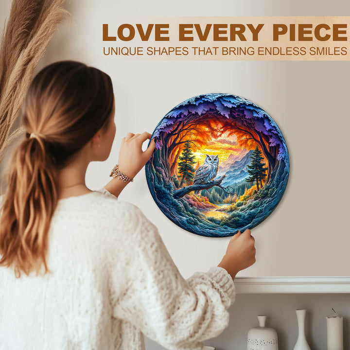 Woman holds Serene Watcher wooden jigsaw puzzle with owl in vibrant colors, emphasizing joy in puzzle-solving.