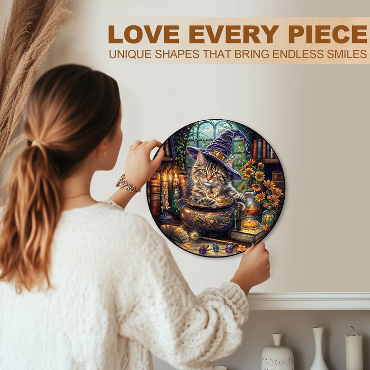 Woman admiring a Magic Feline wooden jigsaw puzzle featuring a cat in a whimsical scene, highlighting its unique shapes.