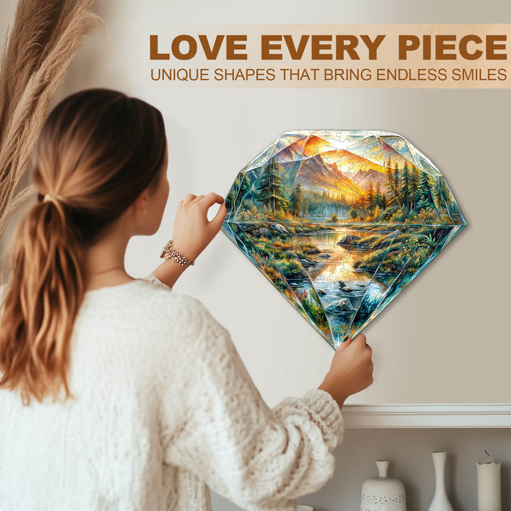 Woman enjoying the Diamond Landscape Wooden Jigsaw Puzzle, showcasing a unique diamond-shaped design and scenic artwork.