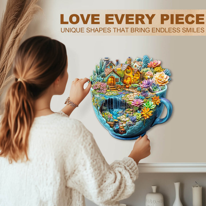 A person assembling the Succulent Mug wooden jigsaw puzzle, showcasing vibrant colors and unique shapes.