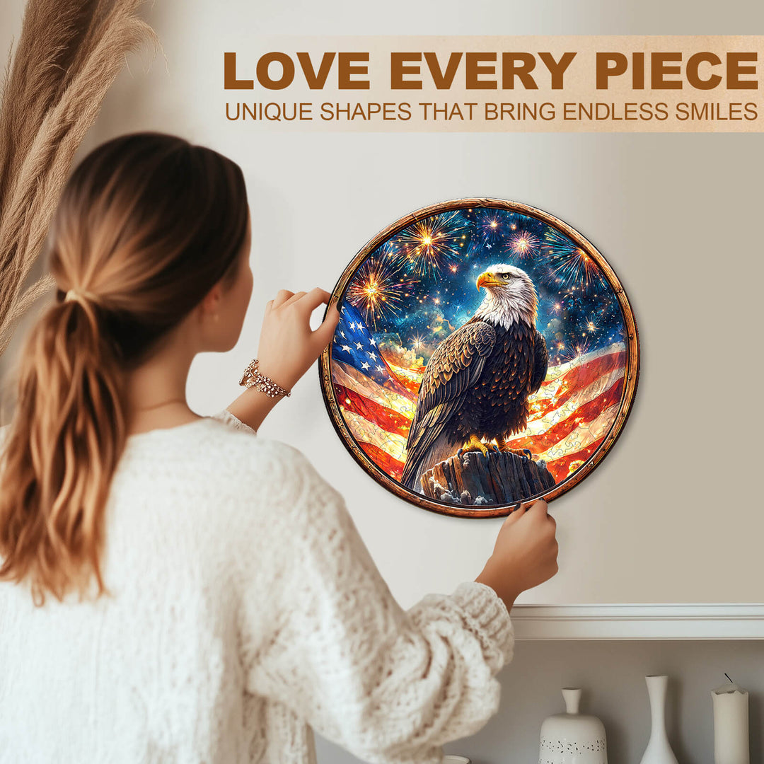 A woman assembling the Spirit of Liberty wooden jigsaw puzzle featuring an eagle and American flag, promoting focus and fun.