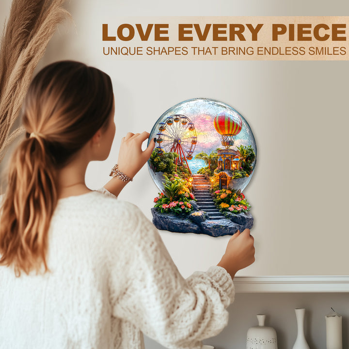 Woman admiring completed 3D Crystal Wonderland wooden jigsaw puzzle featuring a vibrant carnival scene.