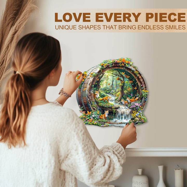 A woman assembling a whimsical wooden jigsaw puzzle featuring a forest scene, emphasizing unique and joyful puzzle shapes.